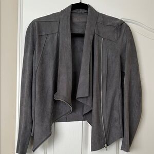Blank NYC Gray Leather Jacket with Waterfall Collar and Relaxed Fit